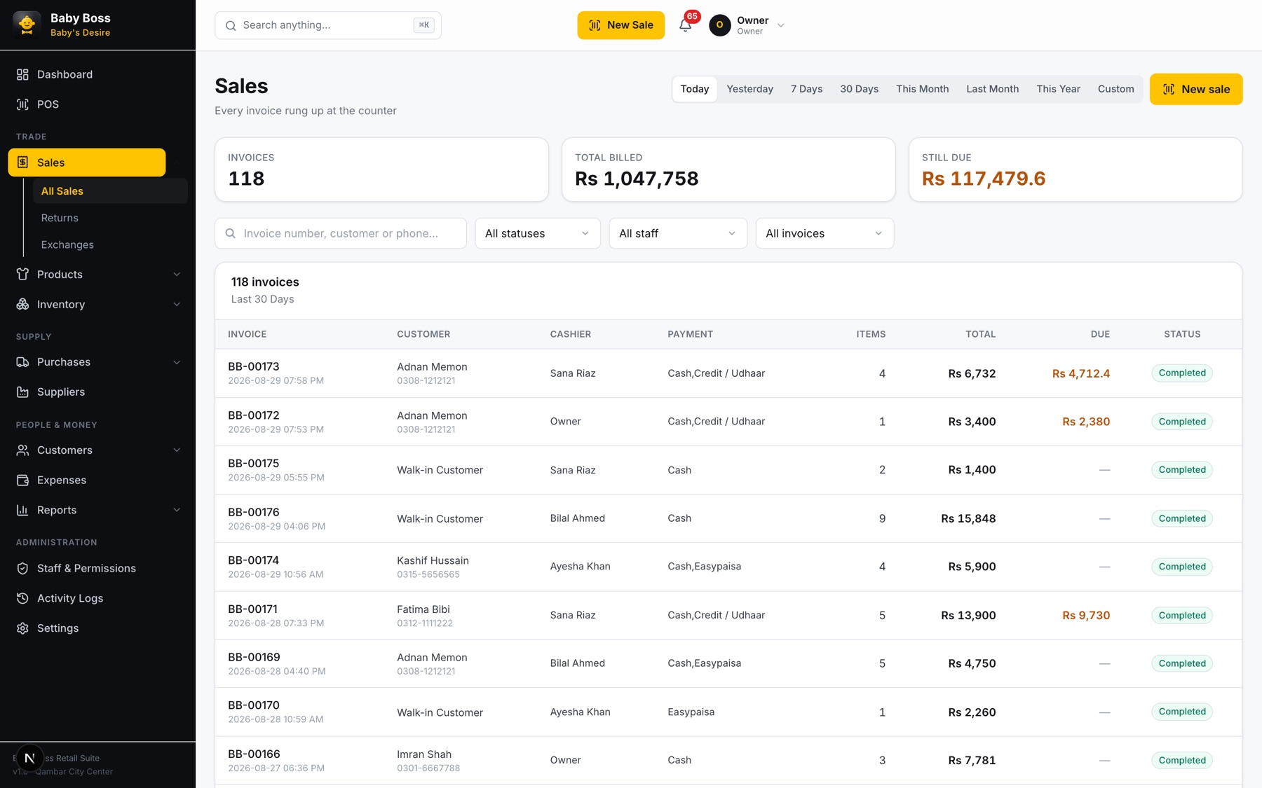 The sales ledger, listing invoices with their customer, payment method, totals and status.