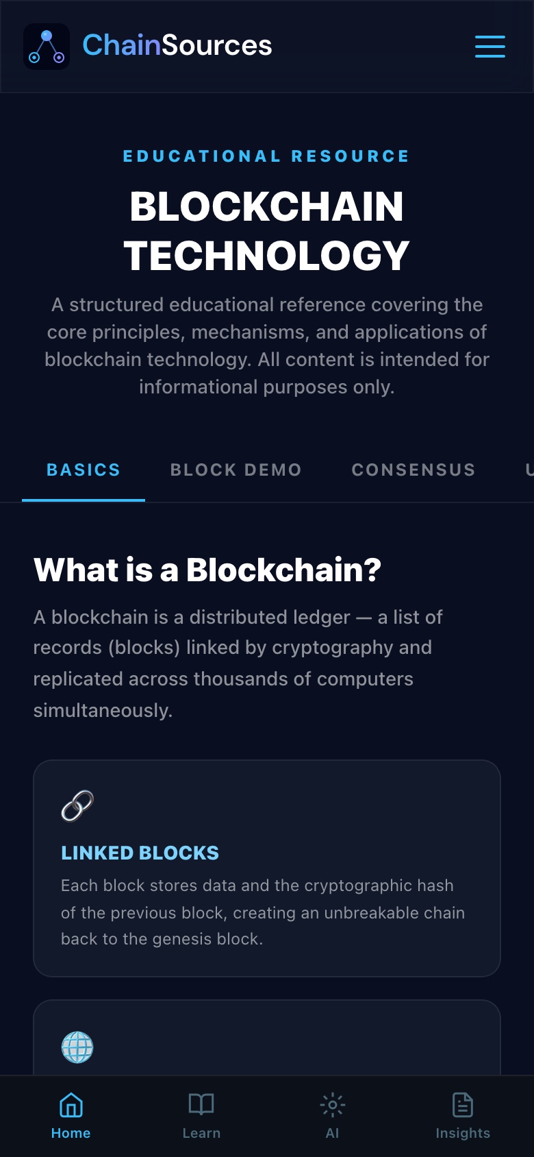 ChainSources on a phone: the same reference material in a single column, with a Home, Learn and AI tab bar at the foot of the screen.