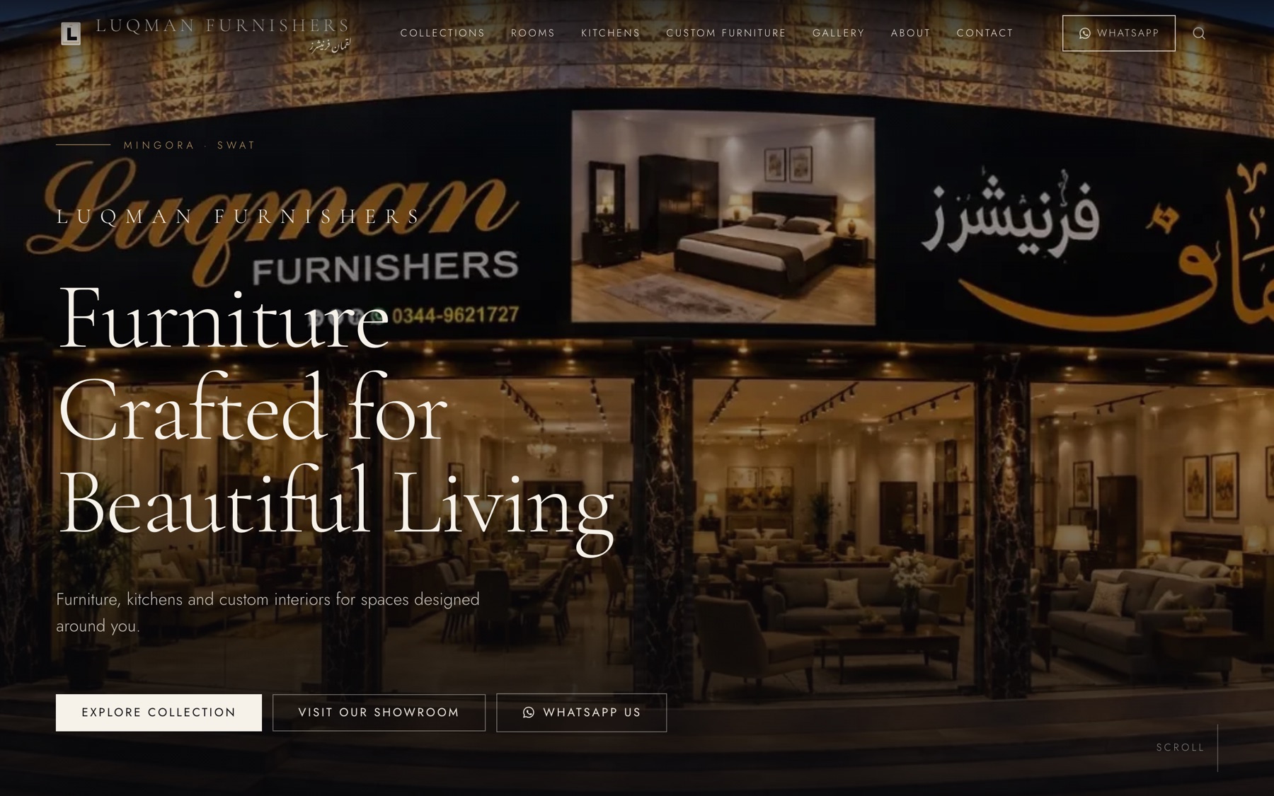 The Luqman Furnishers home page, with the lit showroom photographed behind the headline and navigation to collections, rooms, kitchens and custom furniture.