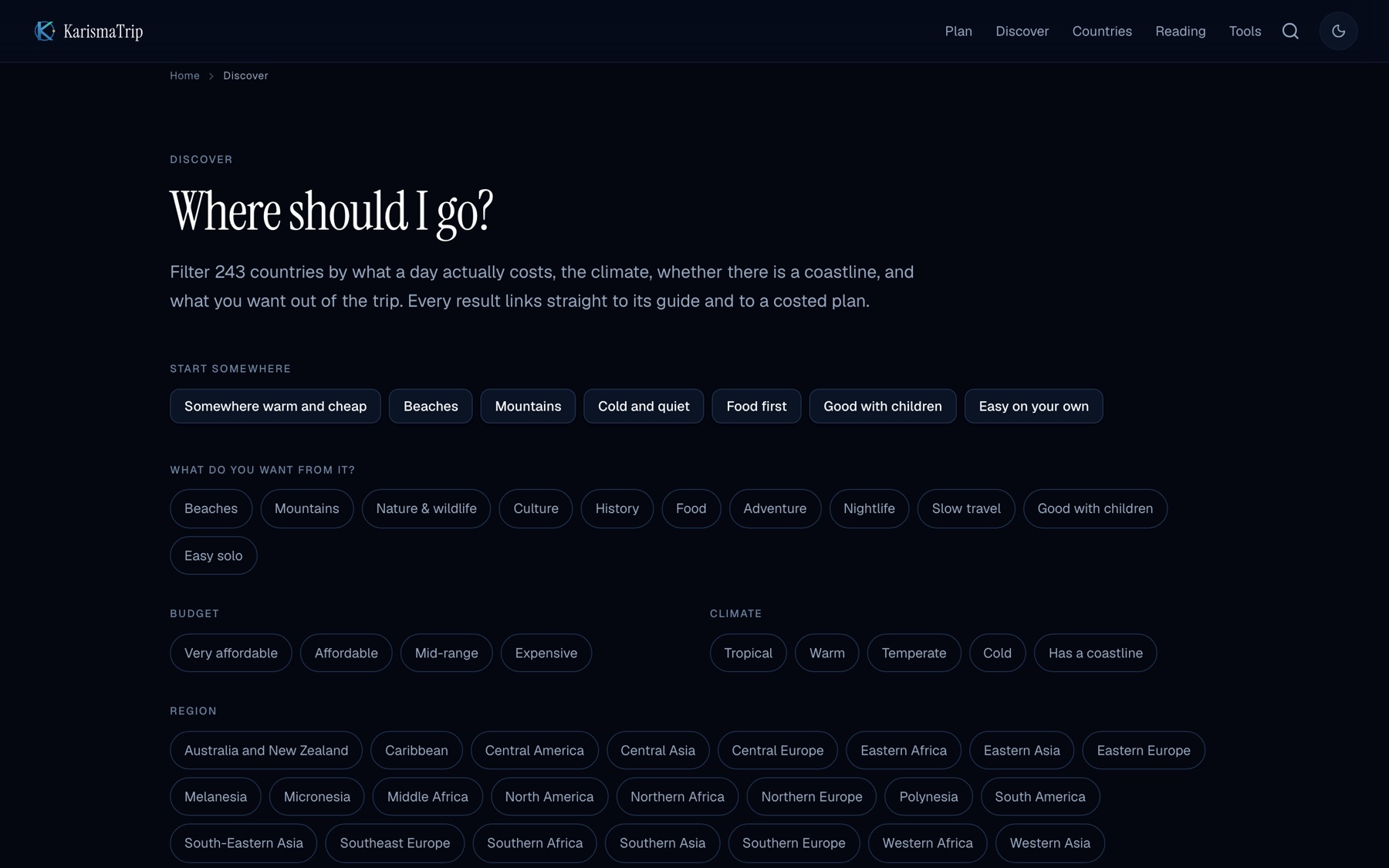 The Discover page, filtering 243 countries by daily cost, climate, coastline, region and what the traveller wants from the trip.