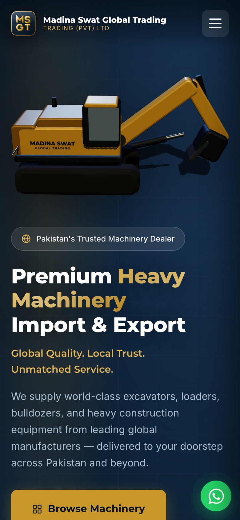 The Madina Swat Global Trading site on a phone, with the headline and calls to action stacked above the machinery listings.