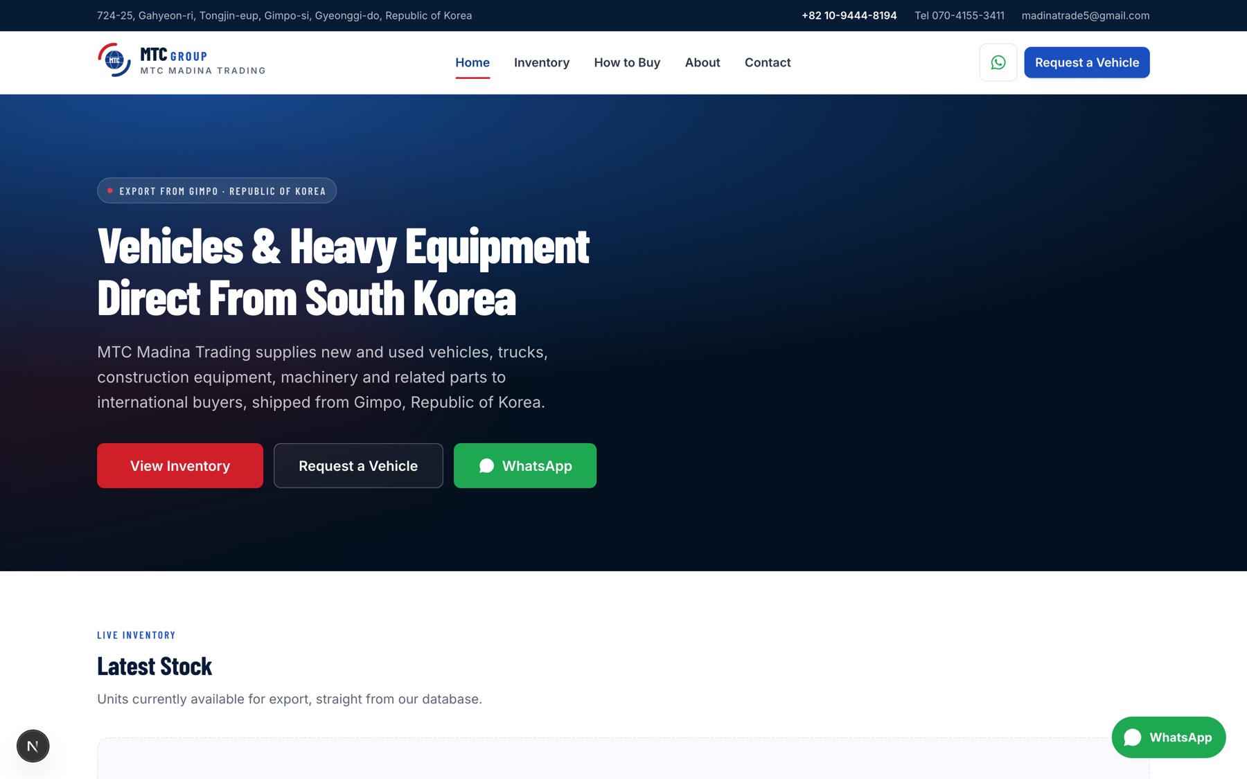 The MTC Madina Trading home page running locally: “Vehicles & Heavy Equipment Direct From South Korea”, the branded navigation, and a Latest Stock section reading from the database.