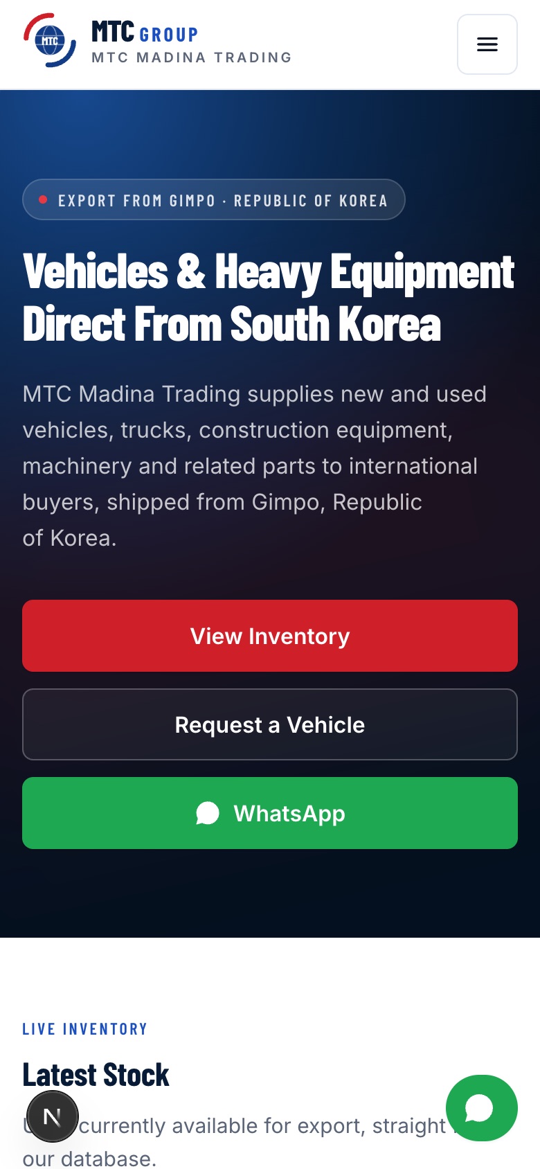 The MTC Madina Trading site on a phone, running locally, with the export headline and calls to action stacked in one column.