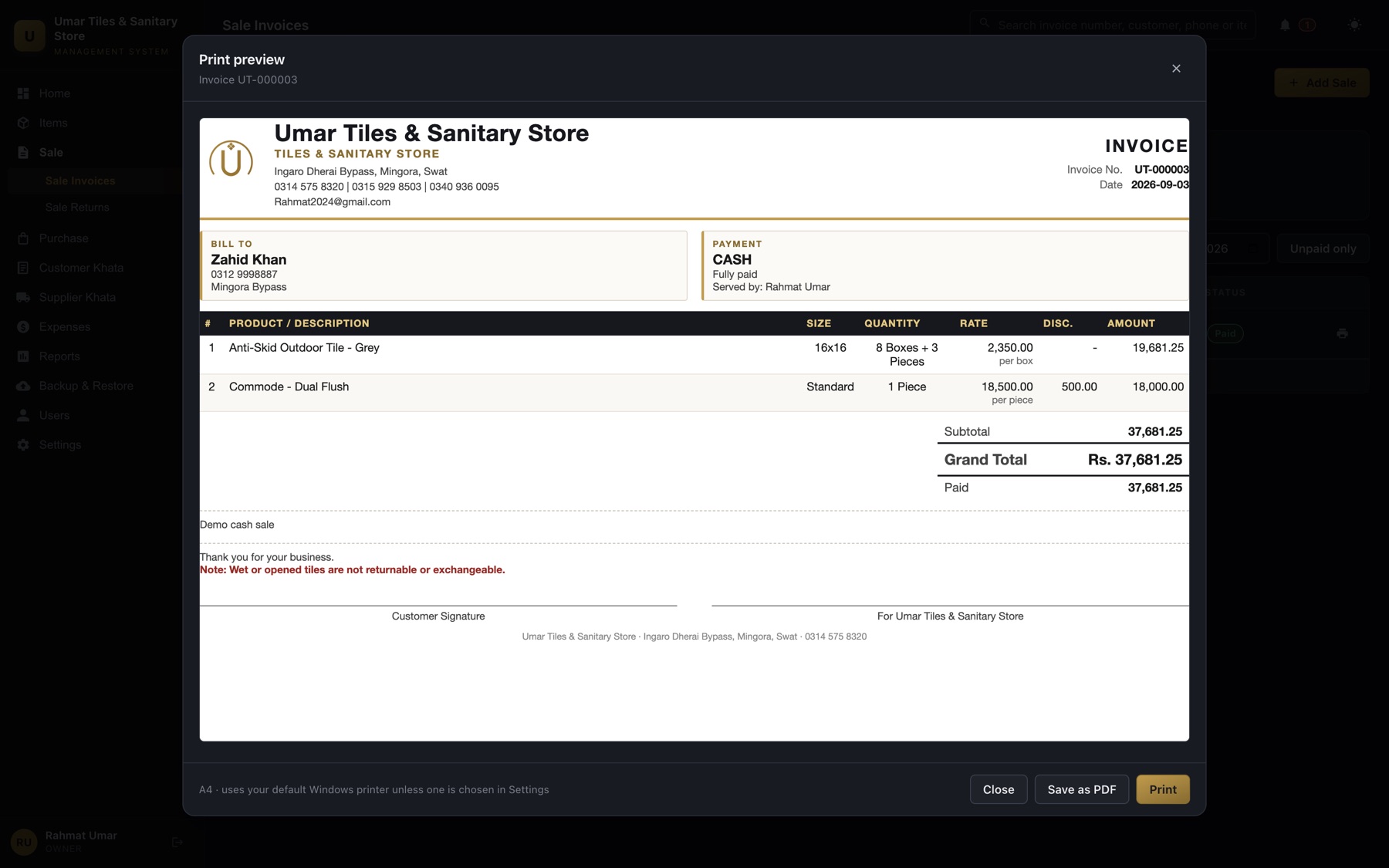 The print preview of an invoice: the shop’s letterhead and logo, the customer, two lines quoted in boxes and pieces, and the totals, exactly as it goes to A4 paper.