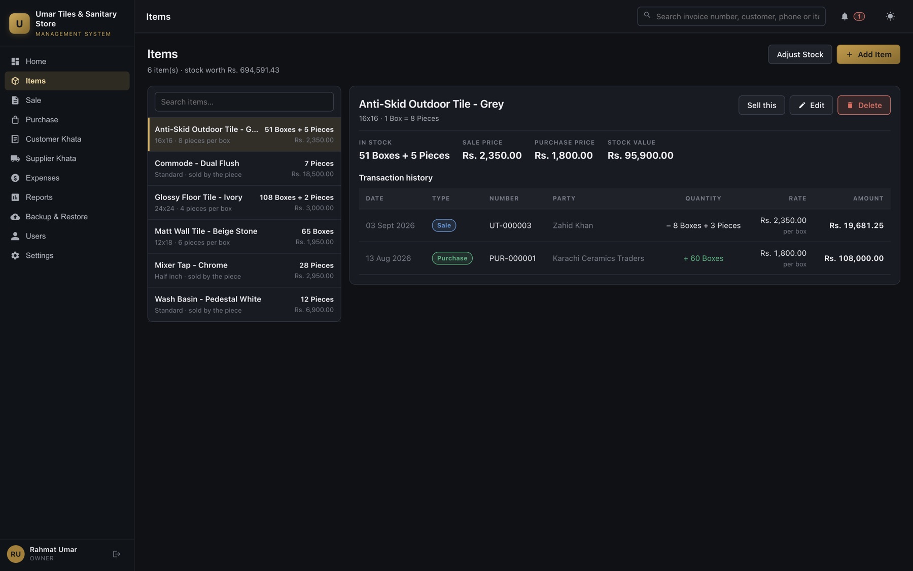 The items list with an outdoor tile selected: stock shown as 51 boxes plus 5 pieces, sale and purchase price, stock value, and the transaction history of every sale and purchase that moved it.
